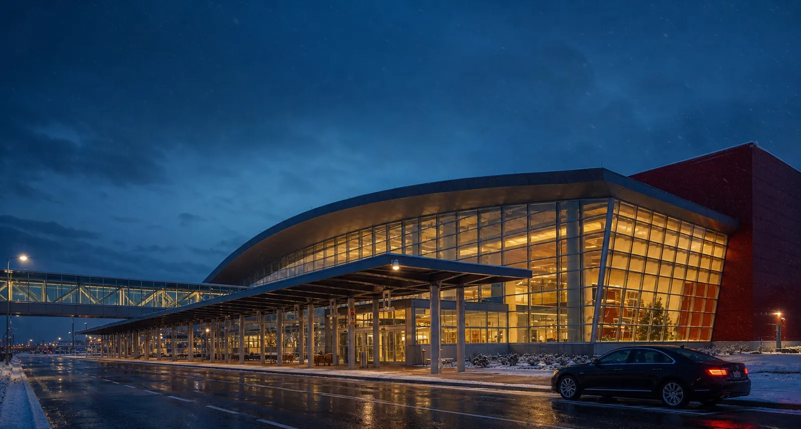 Duluth International Airport terminal at dusk