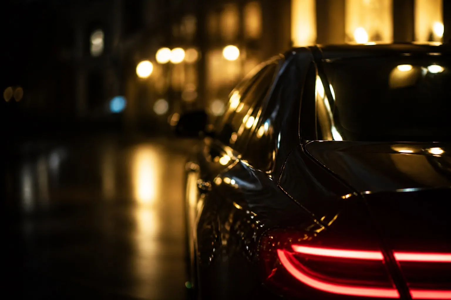Black sedan tail light on a wet street at night