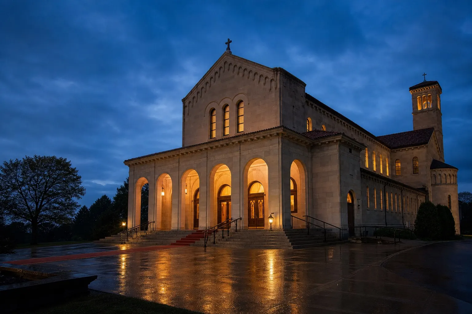 Stone church in Superior, Wisconsin, at dusk