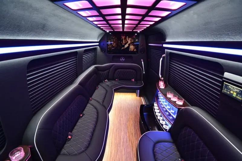 Inside the Mercedes Sprinter: leather seating and an LED-lit ceiling
